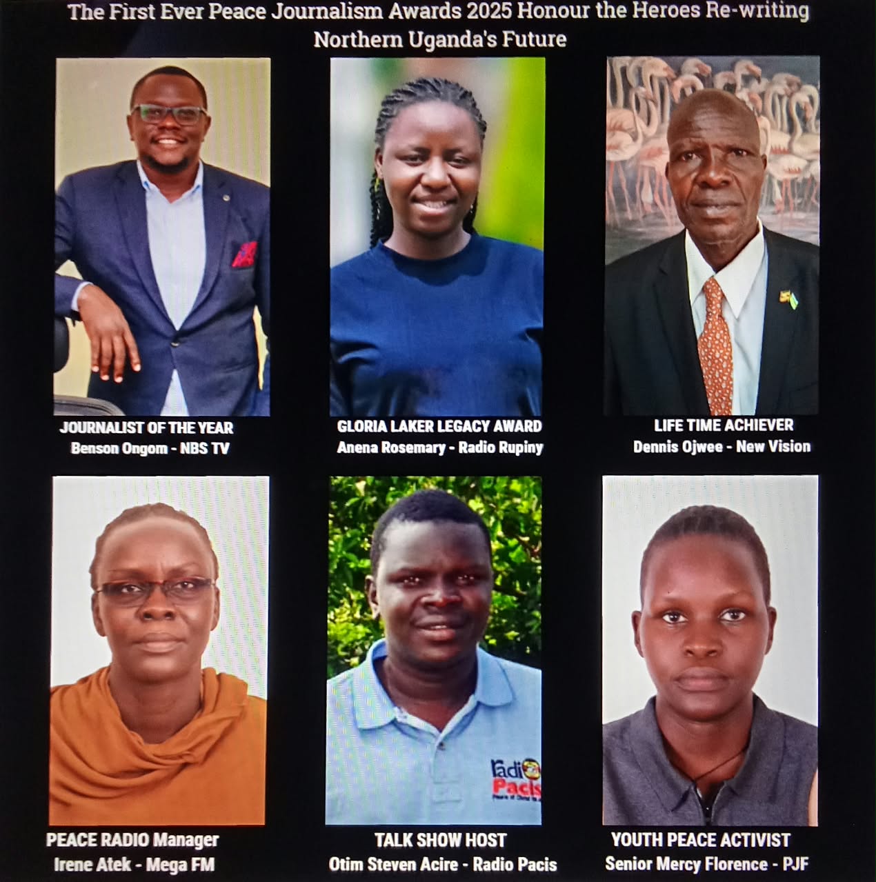 Photos of the six 2025 Peace Journalism Award winners with their categories